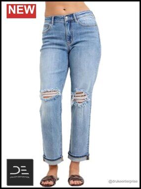 Boyfriend Jeans with Destroy & Cuff, Cotton Stretch